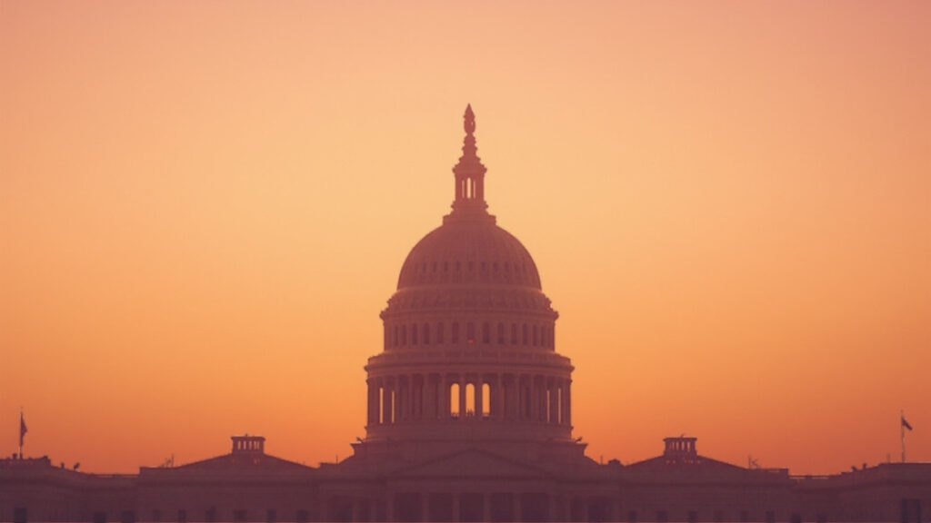 Golden-hour silhouette of the U.S. Capitol dome, symbolizing Congress's first hearing on menopause