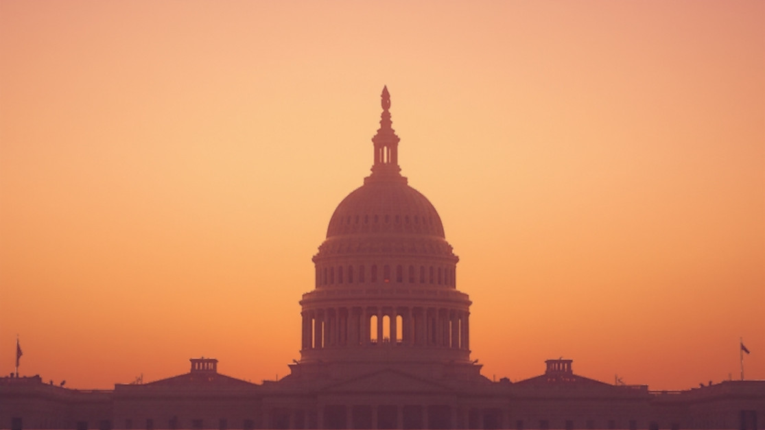 Golden-hour silhouette of the U.S. Capitol dome, symbolizing Congress's first hearing on menopause