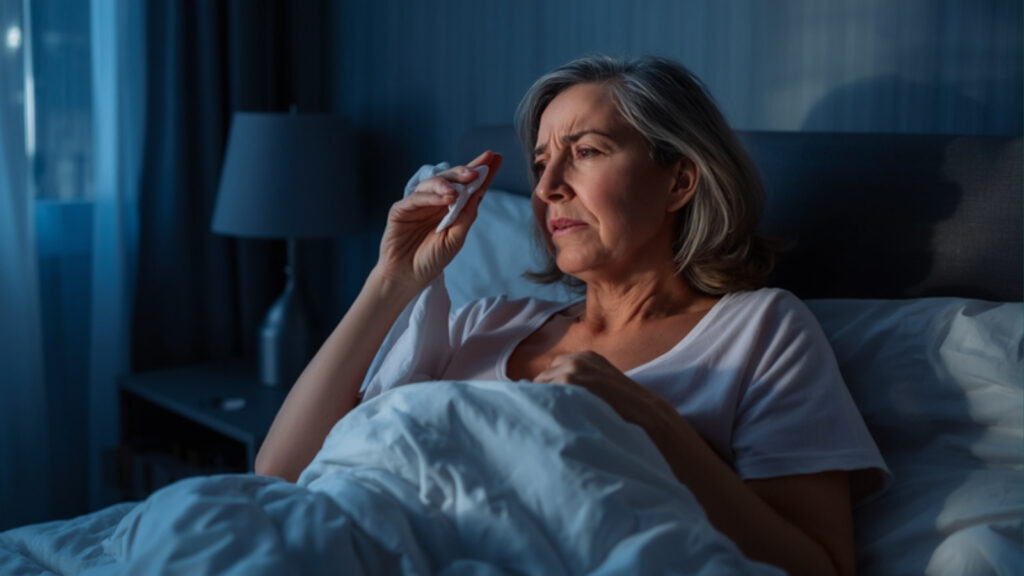 Midlife woman flushed and uncomfortable, checking a thermometer while sitting up in bed at night during a perimenopause hot flash
