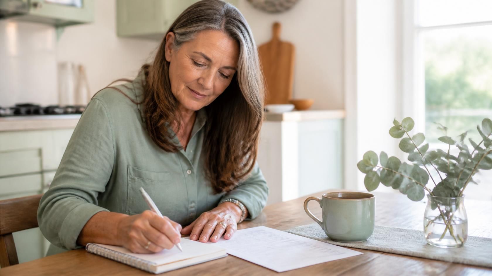 Woman at a kitchen table writing questions for her doctor about hormone therapy