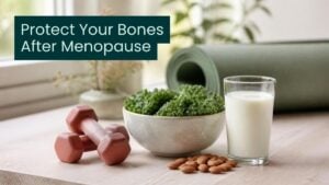 Hand weights, kale, almonds and a glass of milk on a wooden table with the title Protect Your Bones After Menopause
