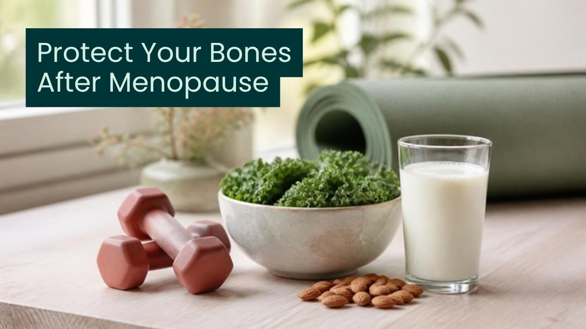 Hand weights, kale, almonds and a glass of milk on a wooden table with the title Protect Your Bones After Menopause