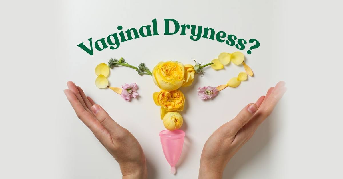 Vaginal Dryness? Yellow and pink flowers arranged in the shape of the female reproductive system, held between two cupped hands